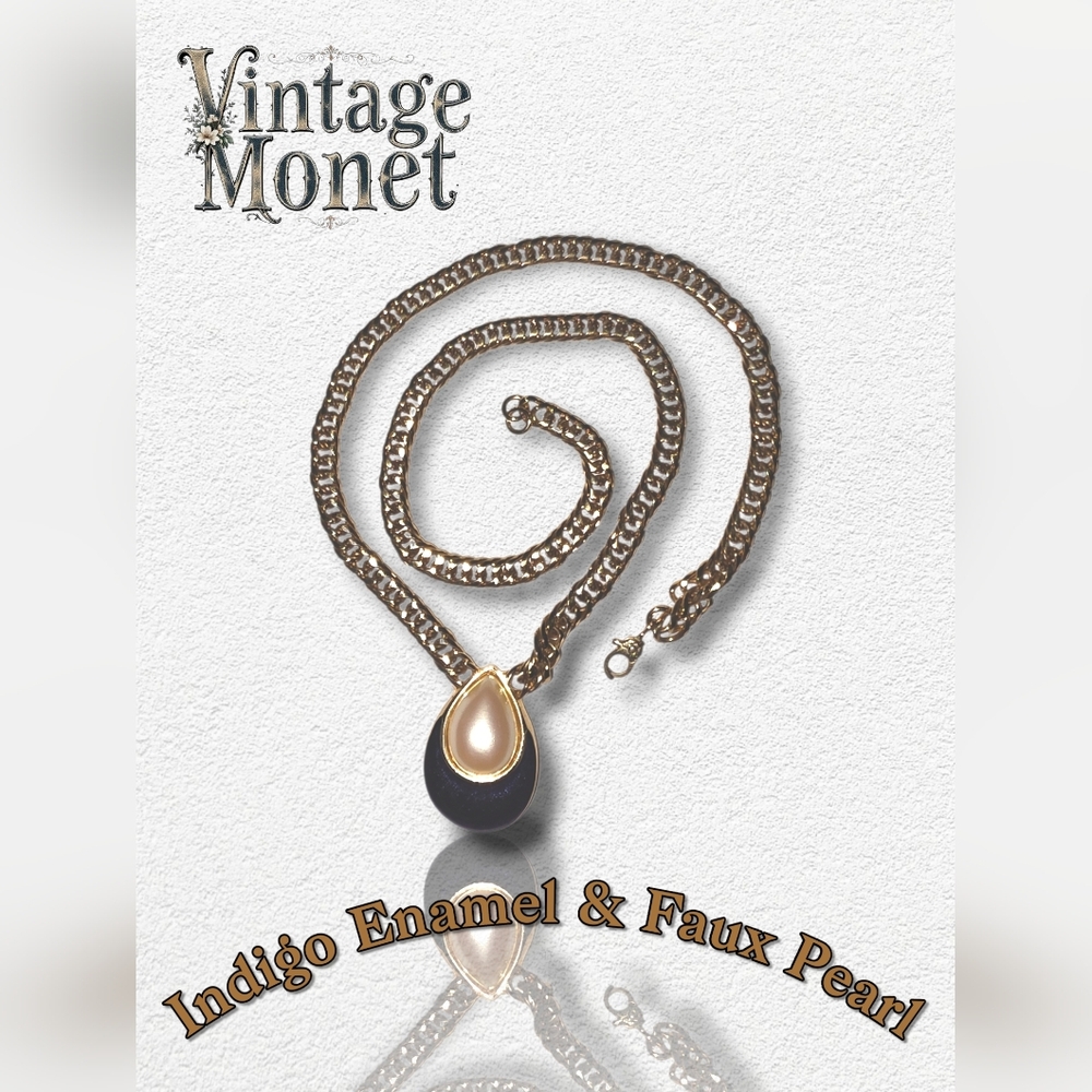 Vintage Monet Purple Enamel & Pearl Teardrop Necklace – 1990s Gold Chain 18”